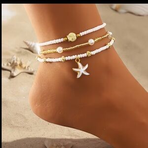 3 piece Beaded Seashell & Starfish Ankle Bracelet 3 pack